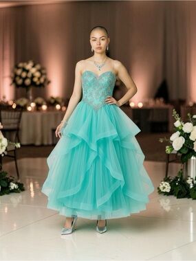 Mori Lee Strapless Turquoise Sweetheart Ruffled Tulle Gown